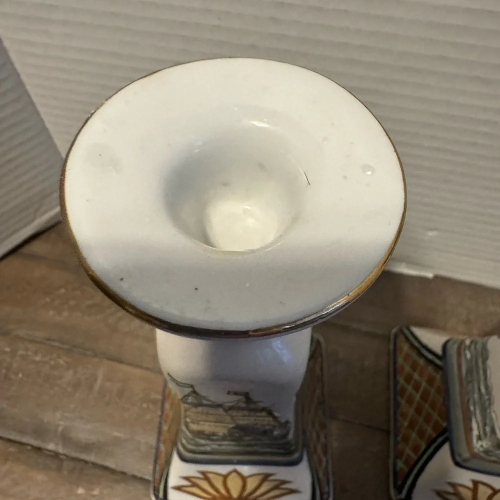 Vintage Nautical Themed Ceramic Candle Holders - White and Gold